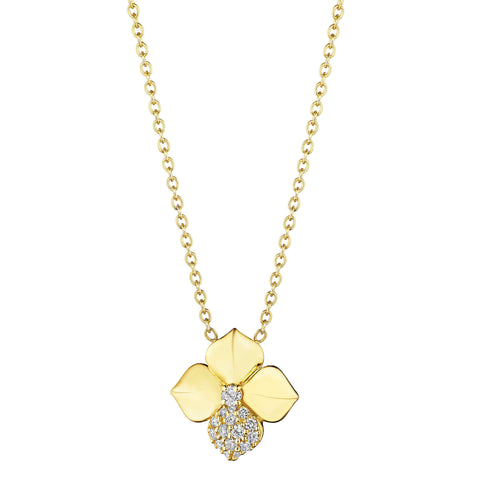 High Polish Single Diamond Petal Flower Necklace